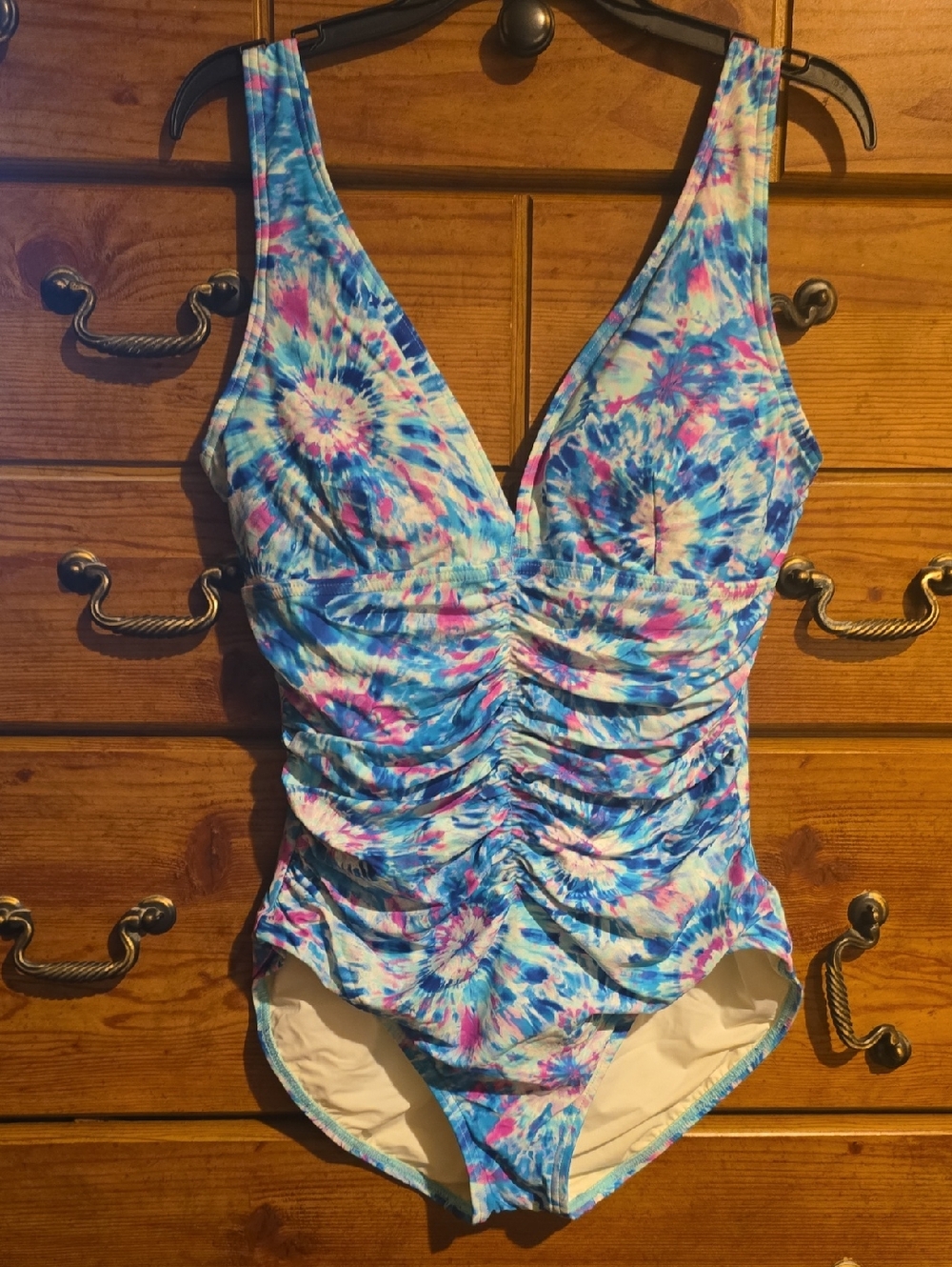 Blue Tie-Dye One-Piece Swimsuit with V-Neck
